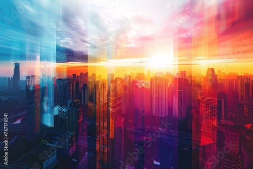 Sunrise over a digital cityscape, where the buildings change colors like a mood ring