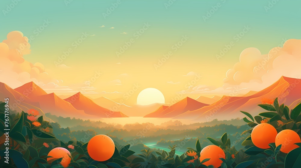 Immerse yourself in a dynamic sunrise gradient background, as vibrant oranges dissolve into soothing greens, offering an animated setting for graphic designs. - obrazy, fototapety, plakaty 