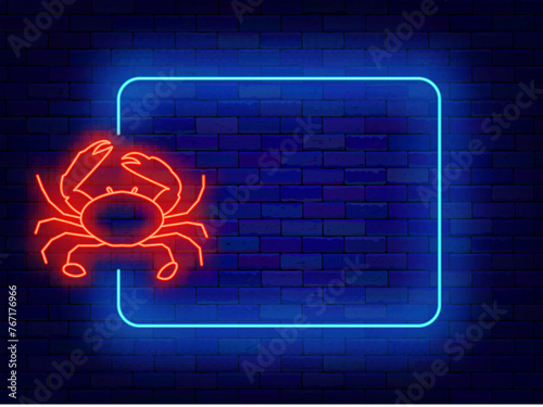 Seafood shop neon announcement. Empty blue frame and crab symbol. Healthy food sign. Copy space. Glowing flyer. Editing text. Vector stock illustration