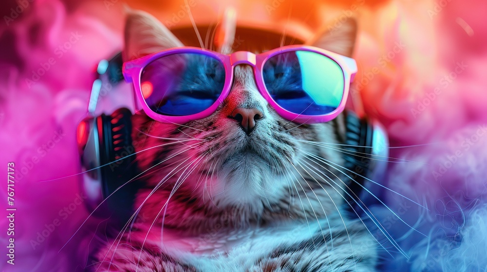 Tune in, whiskers, a joyful cats music moment for a vibrant headphone poster
