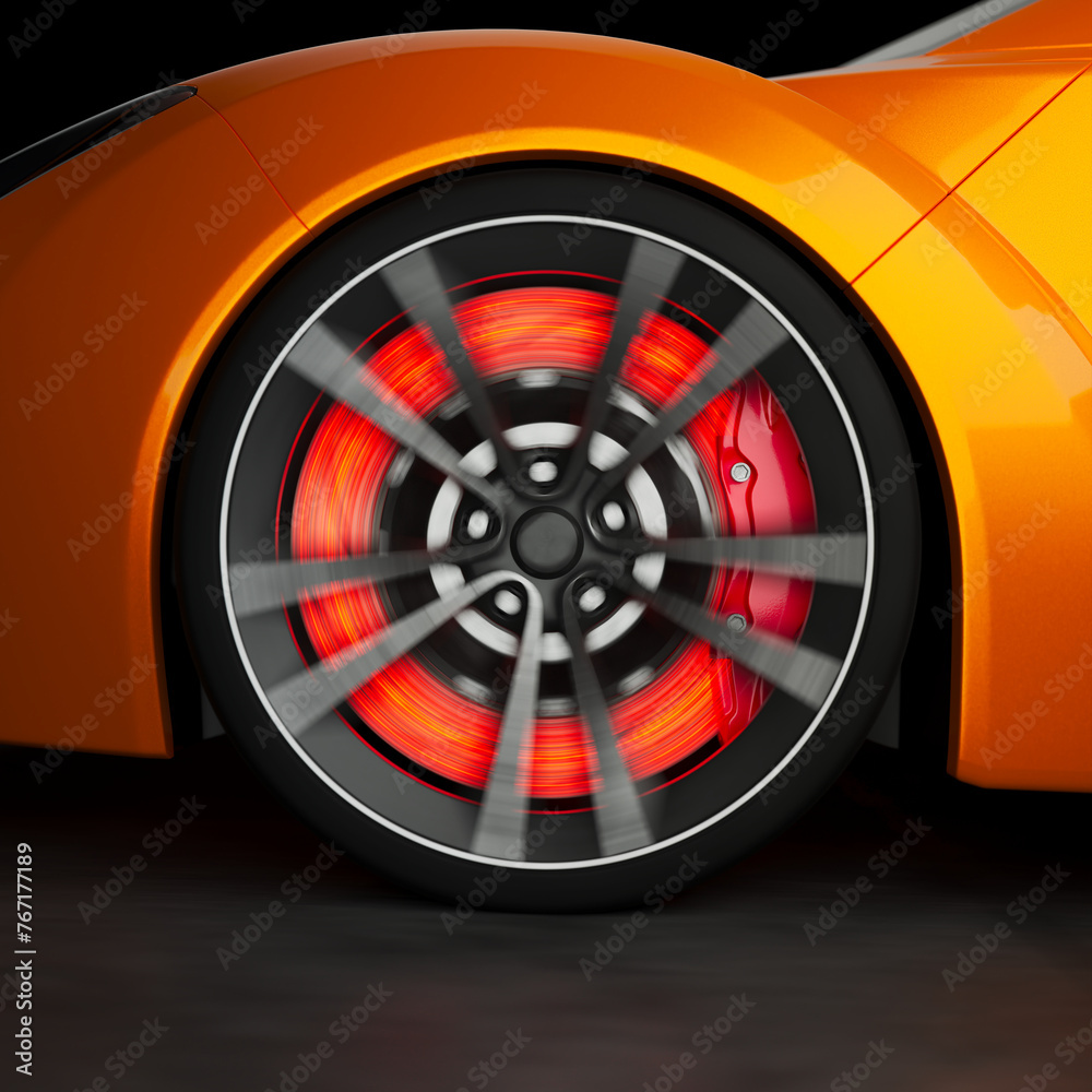 Exhilarating Speed: Close-up of Orange Sports Car Wheel in Motion Exhilarating Speed: Close-up of Orange Sports Car Wheel in Motion