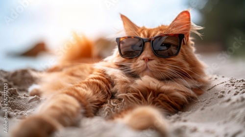 Portrait of relaxed, funny red fluffy cat in sunglasses sunbathing at seaside resort, chilling and l