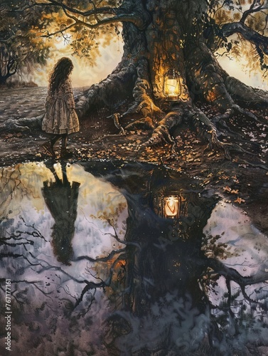 Twilight hues paint a reflective woman, a lanterns glow her only companion, amidst an ancient oaks roots