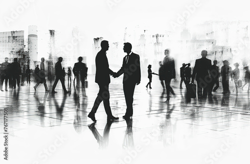 Business People Shaking Hands in an urban setting with silhouettes of other business people walking