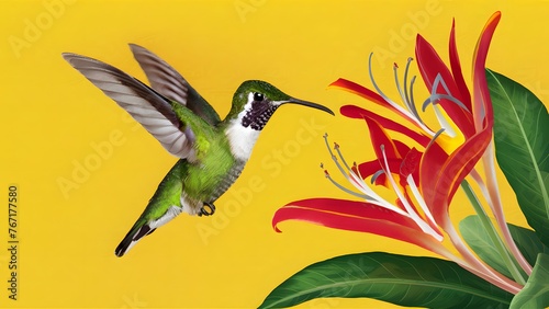 Hummingbird flying over yellow background, tropical flower archilochus colubris photo