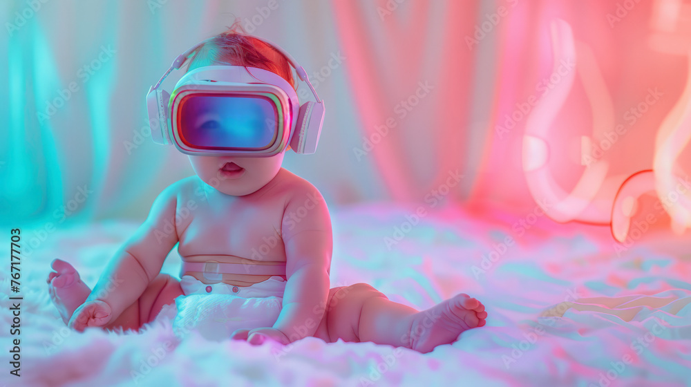 Friendly and modern diaper baby in headphones and virtual reality glasses on soft color background. Friendly and modern diaper baby in headphones and virtual reality glasses on soft color background.