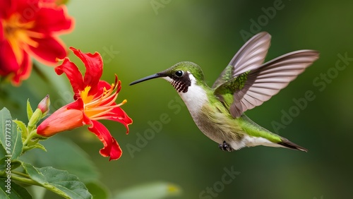 Hummingbird green crowned brilliant flying next to beautiful red flower photo