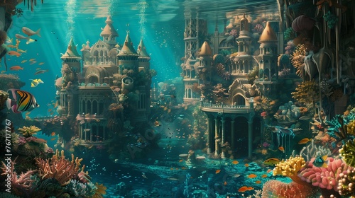 An underwater kingdom , with coral palaces adorned with precious gems and pearls, and schools of vibrant fish swimming through the crystal-clear waters.

