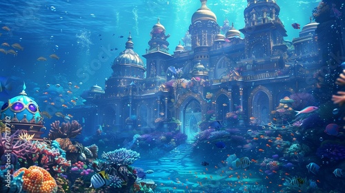 An underwater kingdom , with coral palaces adorned with precious gems and pearls, and schools of vibrant fish swimming through the crystal-clear waters.