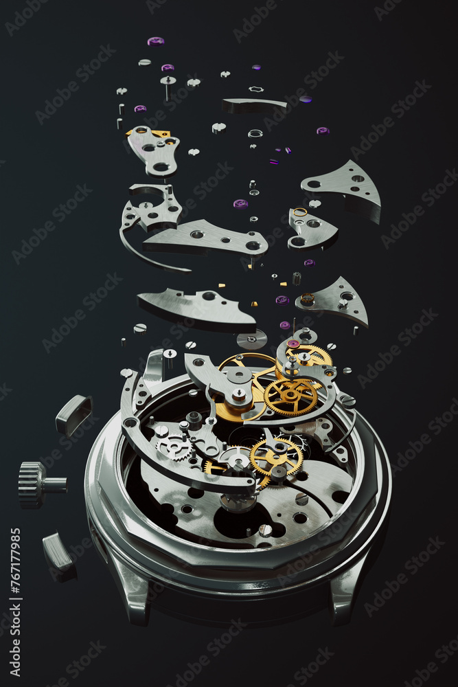 Intricate Exploded View of Mechanical Watch Components on Dark Background