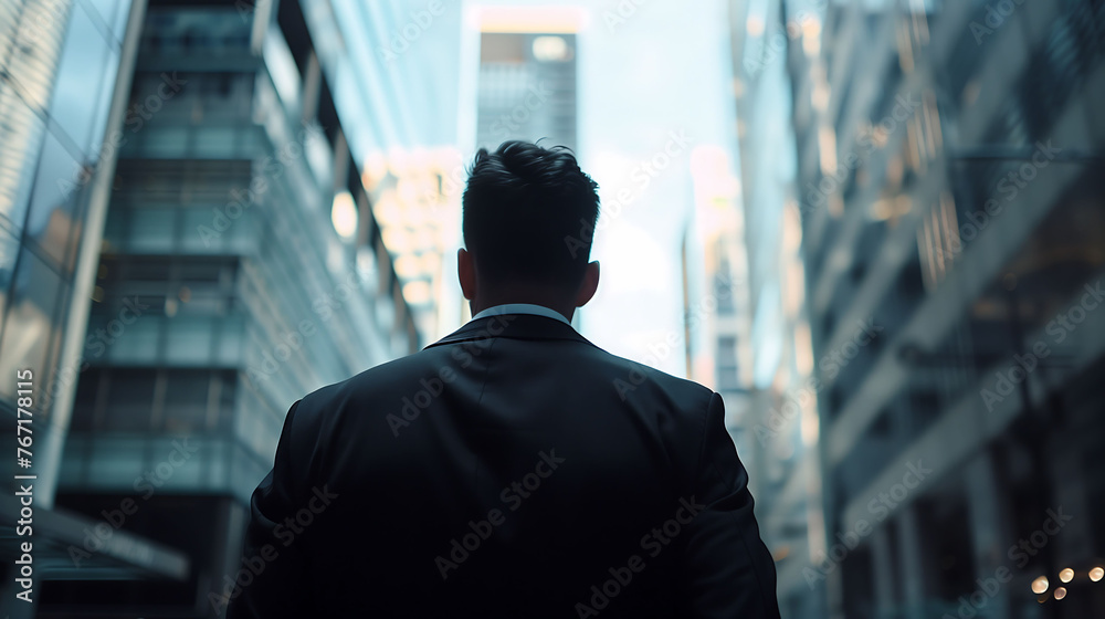 Businessman Gazing at Urban Canyon of Glass Towers Businessman Gazing at Urban Canyon of Glass Towers