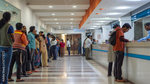 Dynamic Indian Bank Teller Area: Patrons Waiting in Line