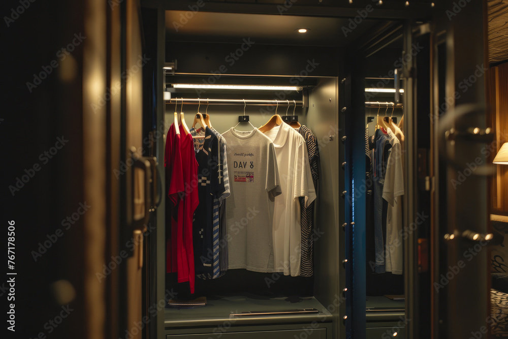 Organized Closet Concept: Locker Among Hangers Inside Wardrobe