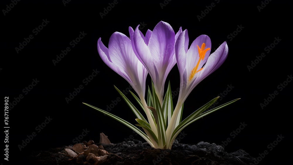Fototapeta premium Image Violet crocus spring flower isolated on black background, striking image