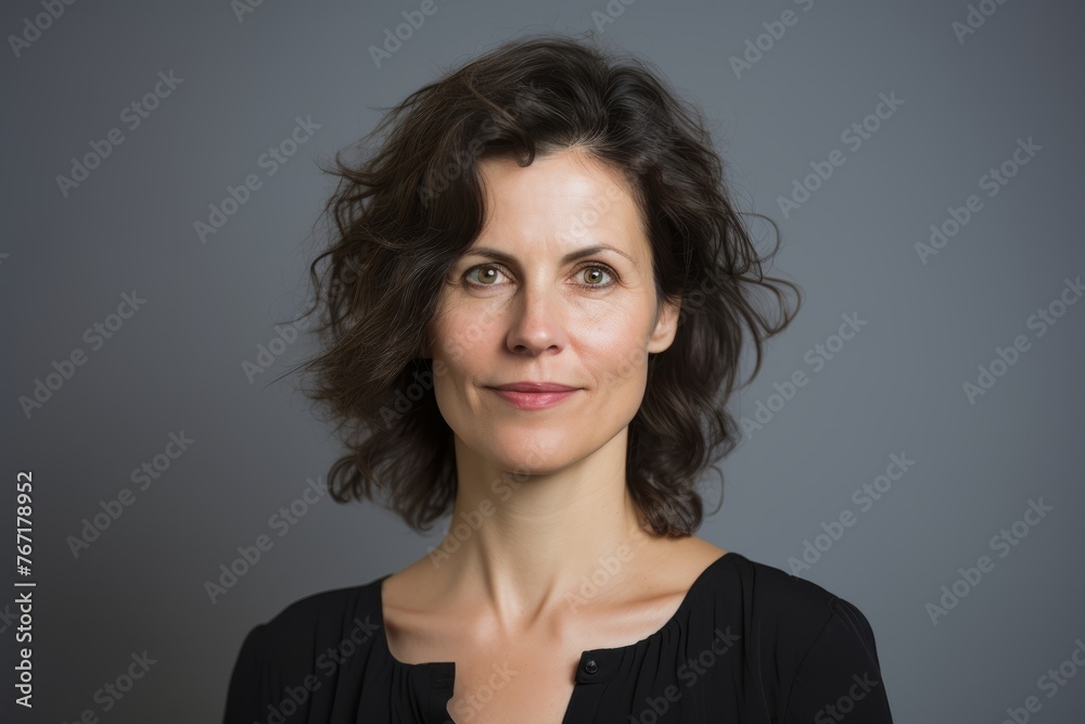 Portrait of a beautiful middle aged woman with curly hair in a studio Portrait of a beautiful middle aged woman with curly hair in a studio
