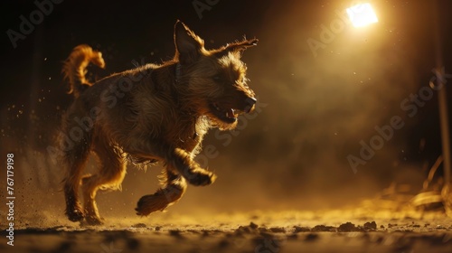 A dynamic stray dog is captured in full sprint, with the warm glow of sunset illuminating the dust around it.