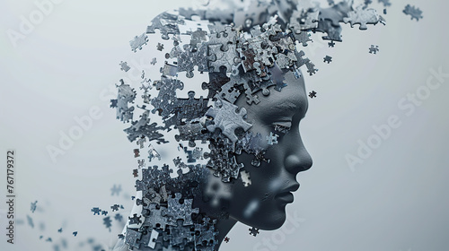 representation of psychotherapy concepts, featuring a human head silhouette fused with a jigsaw puzzle motif, conveying the intricate process of unraveling mental health