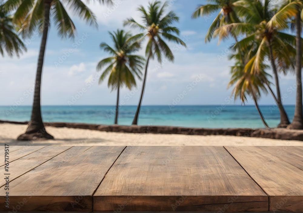 Top of wood table with blurred sea and coconut tree background - Empty ready for your product display montage