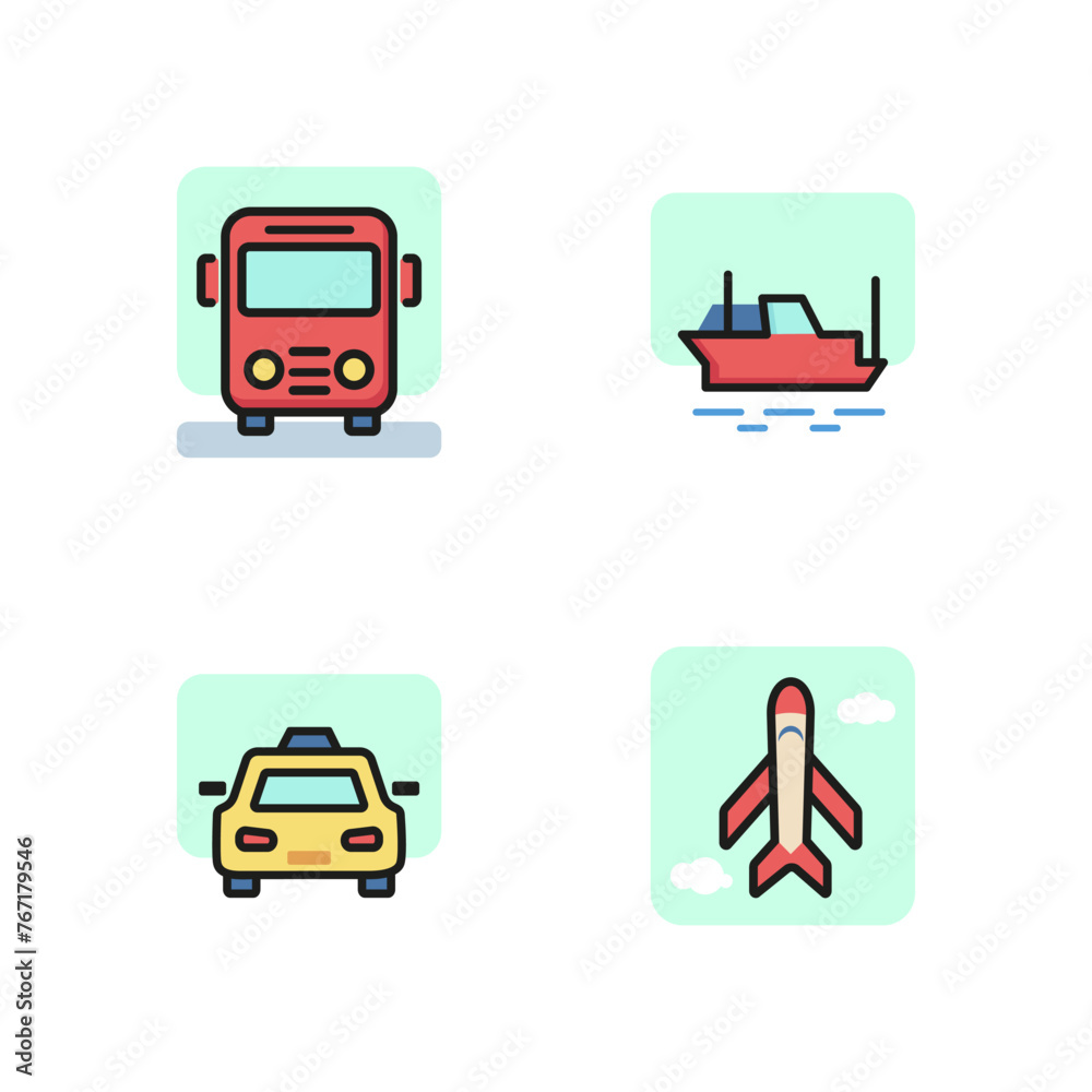 Various means of transport line icon set. Bus, ship, taxi, airplane. Vehicles concept. Can be used for topics like transportation, travel, road signs Various means of transport line icon set. Bus, ship, taxi, airplane. Vehicles concept. Can be used for topics like transportation, travel, road signs