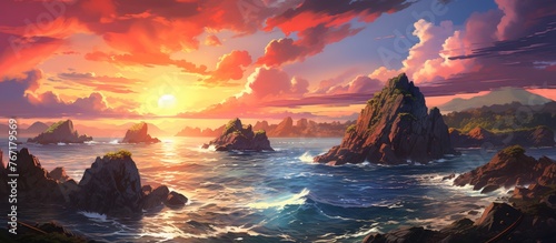 A stunning landscape painting capturing the beauty of a sunset over the ocean with rocks in the foreground  featuring a magnificent sky filled with cumulus clouds and a mountainous horizon at dusk