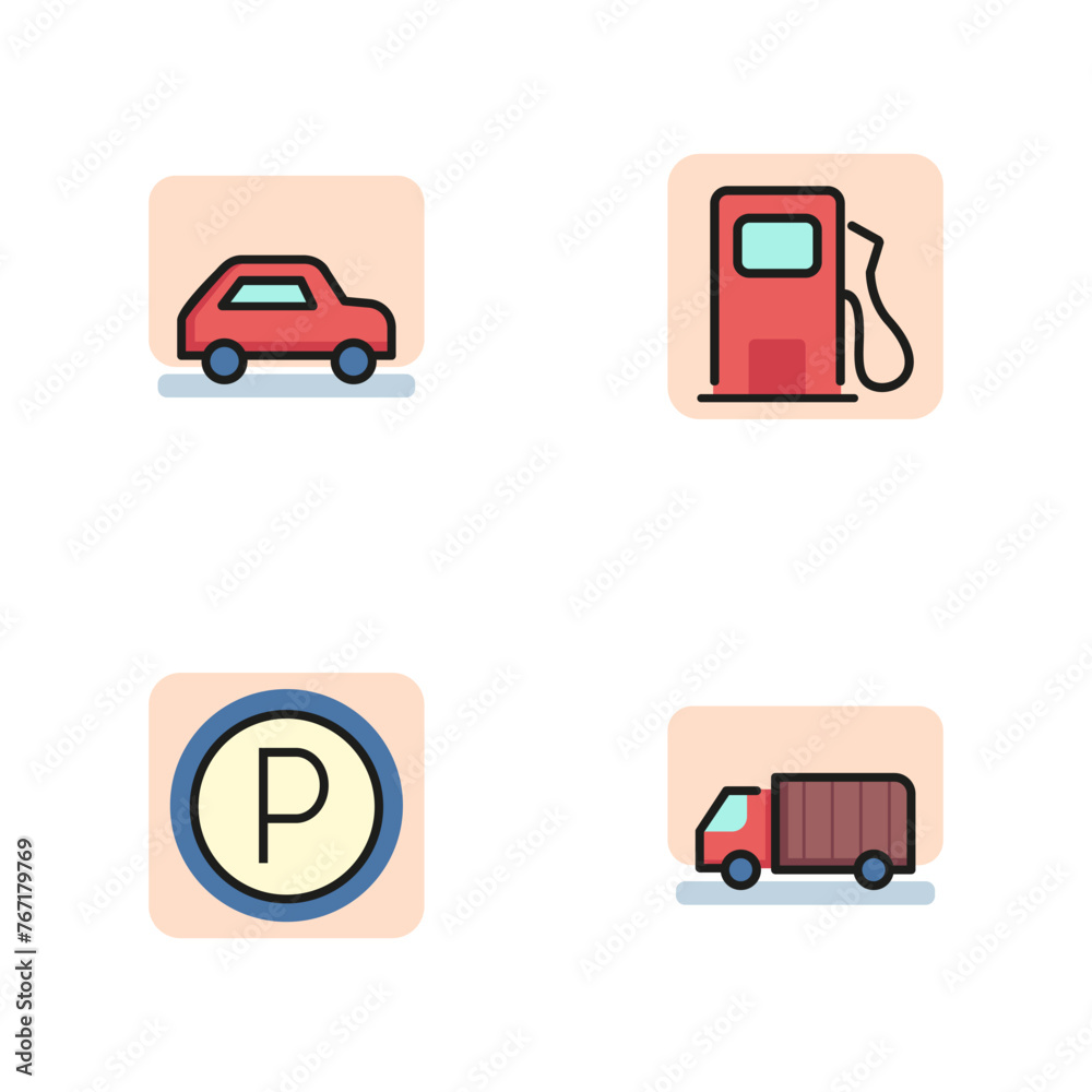 Automobile line icon set. Car, truck, parking sign, petrol filling station. Transport concept.Can be used for topics like transportation, travel, road signs