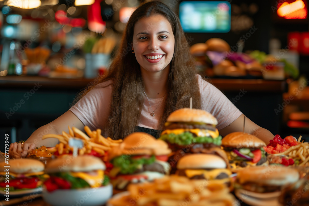 Balanced Living: Woman Delighted with Her Fast Food and Vegan Options