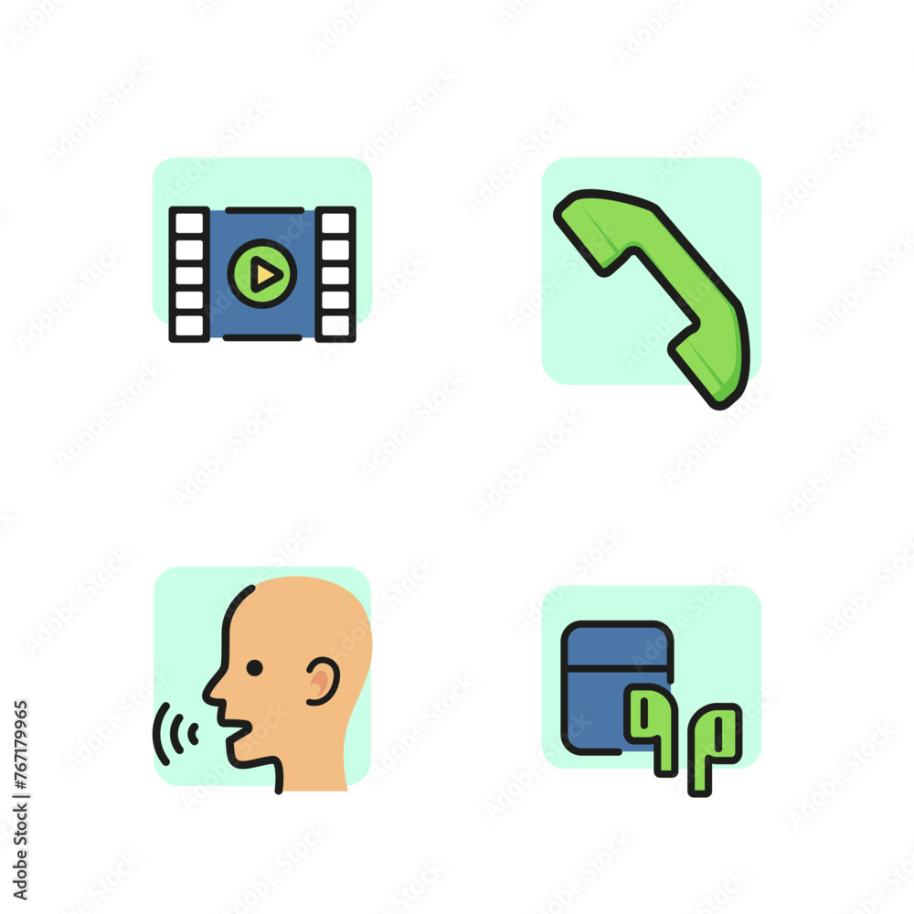 Communication line icon set. Telephone receiver, loud speaker, earphones, video conference. Modern tachnology for communication concept. Can be used for web pictograms, design and application Communication line icon set. Telephone receiver, loud speaker, earphones, video conference. Modern tachnology for communication concept. Can be used for web pictograms, design and application