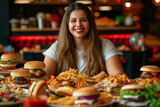 Healthy Indulgence: Smiling Woman Surrounded by Fast Food and Vegan Plates