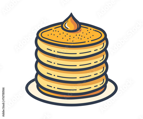 Breakfast stacked pancakes with honey and butter on a plate. Vector line icon illustration.