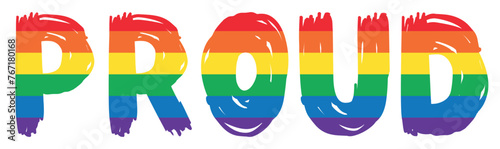 Text Proud isolated. Typography with LGBT Progress Pride flag colors. New LGBTQ Pride Flag. New Updated Intersex Inclusive Progress Flag LGBT, LGBTQ or LGBTQIA plus Pride. Vector illustration