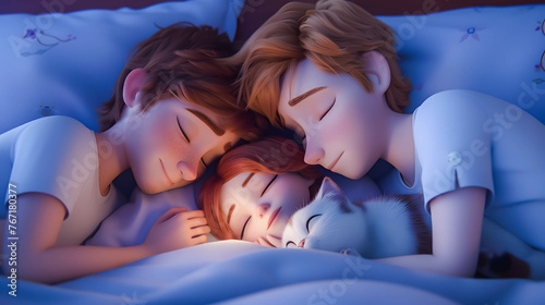 An animated image of a family and pet sleeping together, highlighting warmth, love, and peacefulness in a cozy setting.
