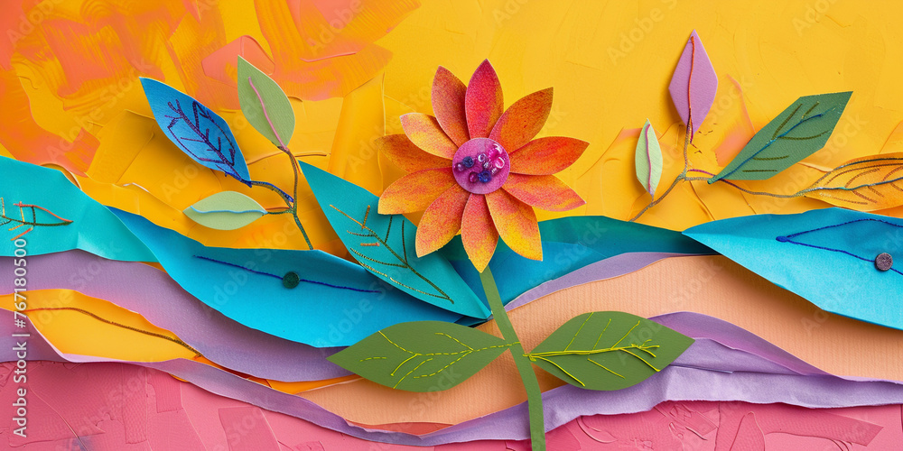 Design with decor of flowers made of paper. Spring and summer illustration using collage technique