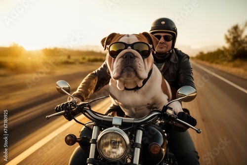 Bulldog and Men in construction gear, helmet on, against a yellow background, representing hard work and determination © fourtakig