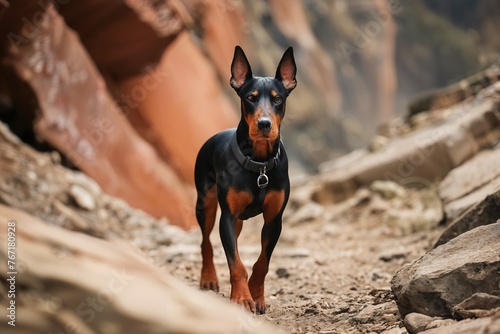 Doberman Pinscher working as a search and rescue dog, training in rugged terrain