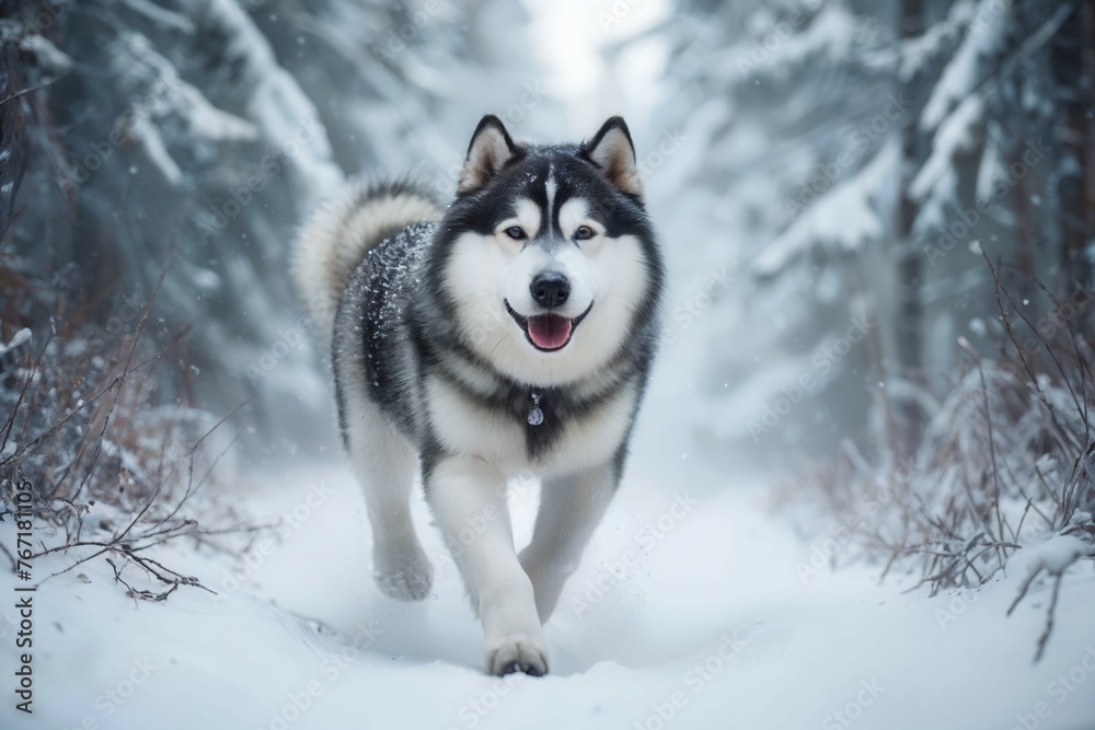 Alaskan Malamute running through a snowy forest, emphasizing speed and grace