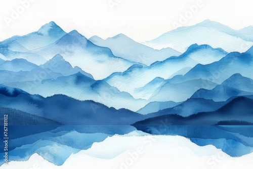 Watercolor shades of blue, simple design in the style of vector art mountain range isolated on a white background.