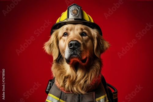 Golden retriever in a firefighter's outfit, posed heroically against a vibrant red studio background