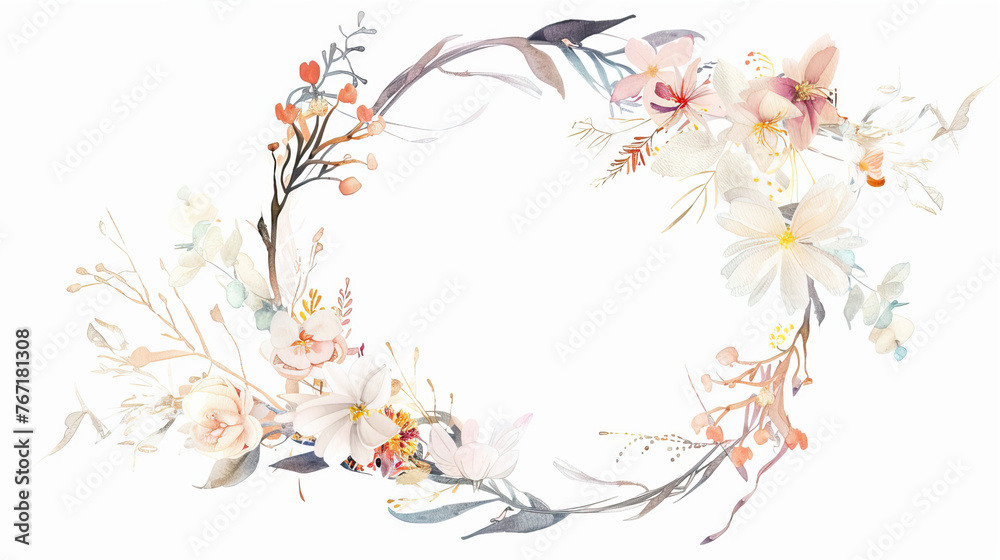 watercolor pink floral wreath with space in the middle, white background, in the style of blank