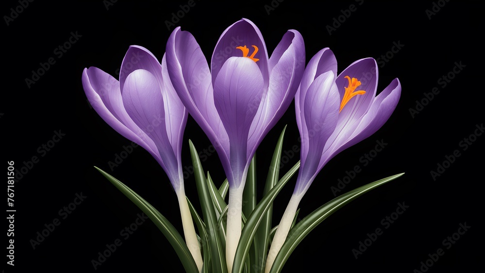 Isolated image of violet crocus spring flower on black background