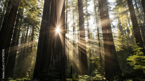 Redwood forest with sunlight filtering through the trees  high resolution photography  natural light 