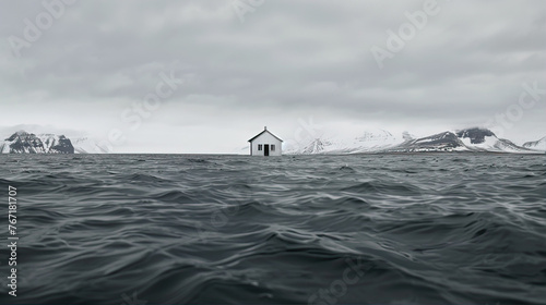 A small house on the shore of an Icelandic lake, surrounded by snow-covered hills, photographed from across the water with dark stormy waves in front. The sky is overcast and grey.