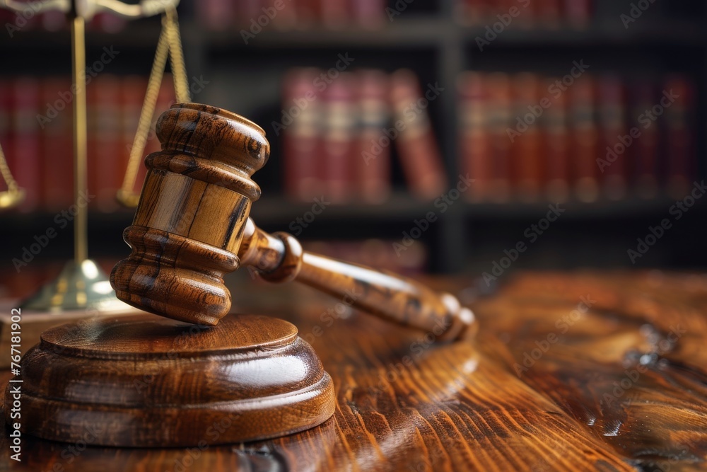 Close-up view of a wooden gavel on judge's bench, symbolizing justice, law and courtroom decisions, concept photo - obrazy, fototapety, plakaty 