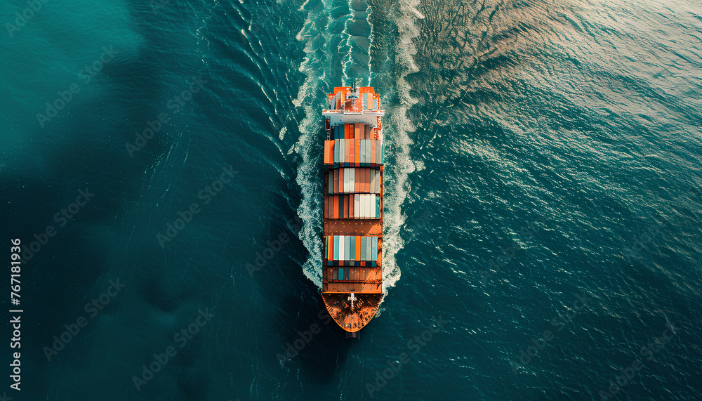 container ship sailing in the ocean top view - obrazy, fototapety, plakaty 