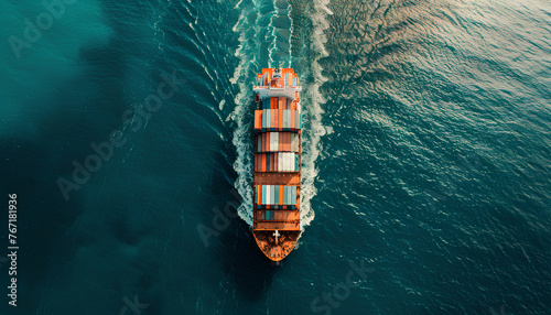container ship sailing in the ocean top view photo