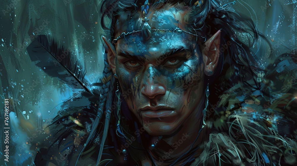 Majestic blue elf prince with feather ornament. Digital portrait of a fantasy royal figure underwater