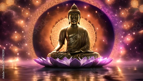 Stone Buddha witj energetic spinning mandala with light, flames and golden river. Heavenly clouds of light swirling around the Golden Gautama Buddha  photo