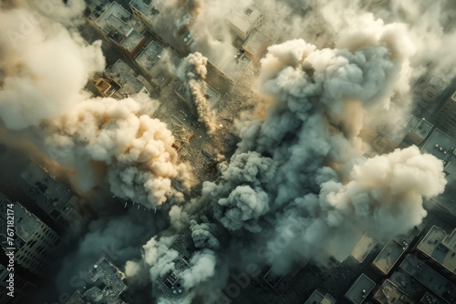 Clouds of smoke and dust after a bomb explosion dropped from a plane onto the city, aerial view 