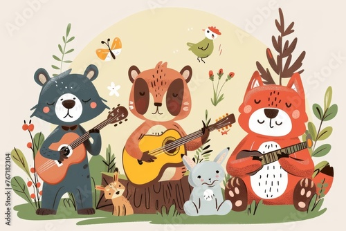Cute cartoon animals playing music in a forest band, childrens illustration