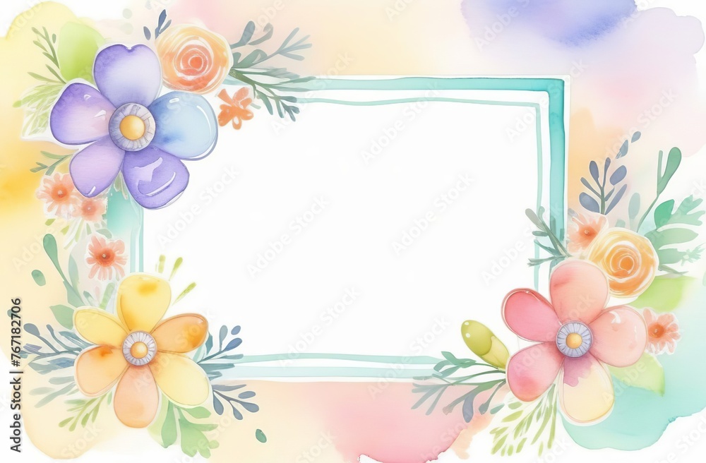 Obraz premium Vibrant watercolor colorful frame of festive party balloons, flowers, bow. Beautiful floral botanical design. Horizontal herbal banner on white background. Wedding invitation, Birthday, business