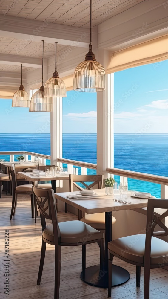 A restaurant with a view of the ocean. The tables are set with white tablecloths and the chairs are blue